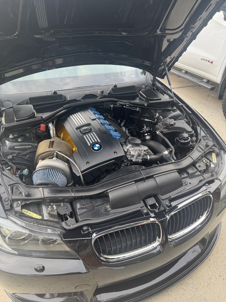Clean BMW engine compartment and performance air intake
