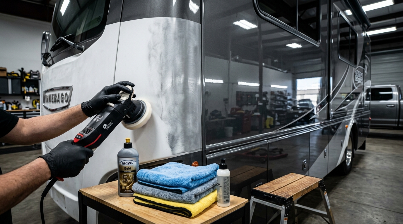 Professional RV fiberglass gel-coat machine polish and oxidation removal