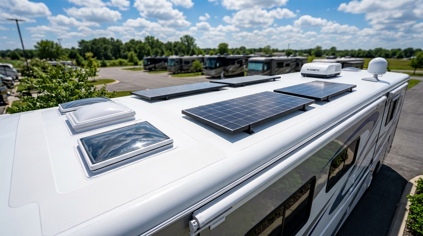 Spotless clean RV rubber roof membrane and solar panels